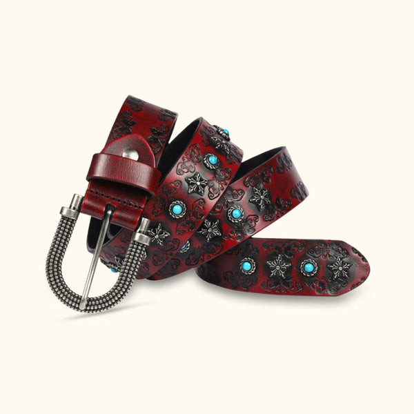 The Rancher's Pride - Turquoise Inlay Belt - Classic Western Belt with Rich Red Color and Turquoise Accents