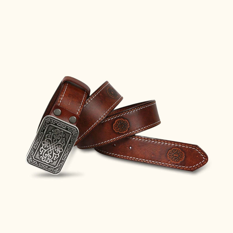 The Stitch Up - Brown Double Needle Stitch Leather Western Belt for Men - Classic Men's Leather Belt with Double Needle Stitch Detailing
