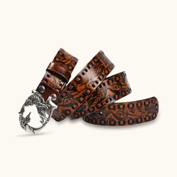 The Tiger Buckle - Camel Knurling Flower Western Belt - Classic Western Belt with Camel Knurling Flower Design