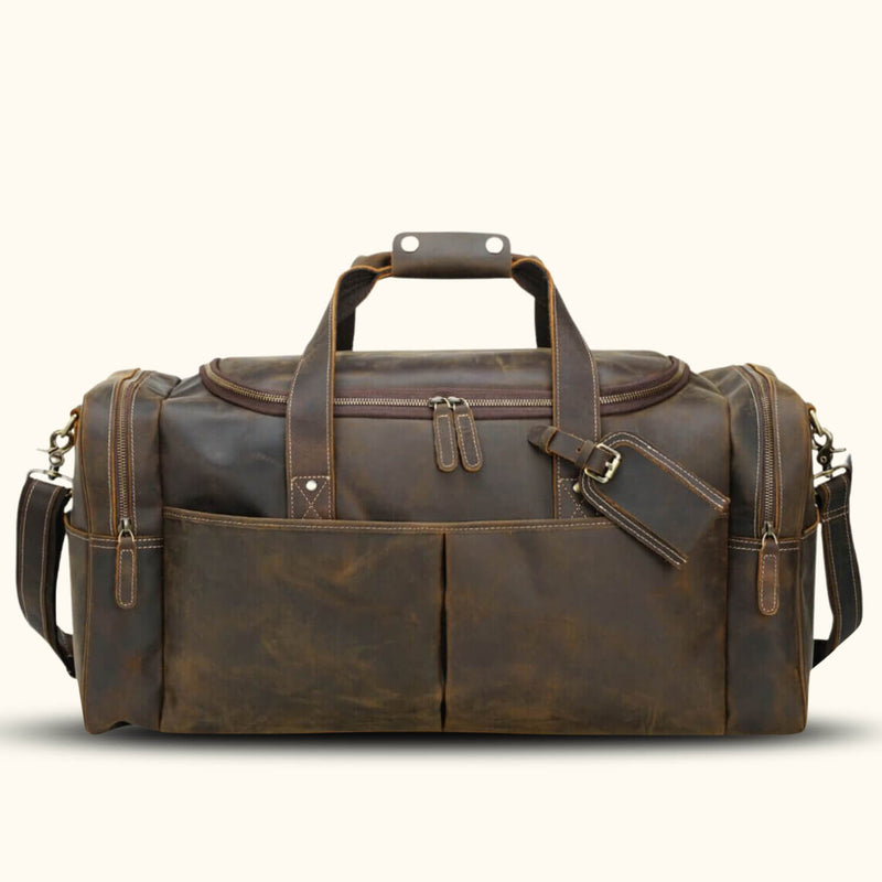 Vintage leather duffle bag, a stylish and timeless travel accessory.