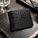 Luxury lifestyle photo of The Ashford black Siamese crocodile bifold wallet displayed on dark marble with a watch and pen.