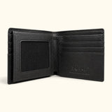 Open interior view of The Ashford black crocodile bifold wallet featuring a mesh ID window, premium full-grain calf leather, card slots, and an embossed RIVER logo.