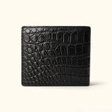 Back view of The Ashford genuine black Siamese crocodile bifold wallet, showcasing its natural scale pattern, precise stitching, and refined luxury finish.