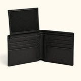 Open interior of The Ashford handcrafted crocodile bifold wallet with premium full-grain calf leather, dual mesh ID windows, six card slots, and two bill compartments.
