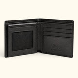 Open interior view of The Ashford luxury crocodile bifold wallet, featuring smooth full-grain calf leather, dual mesh ID windows, six card slots, and an embossed RIVER logo.