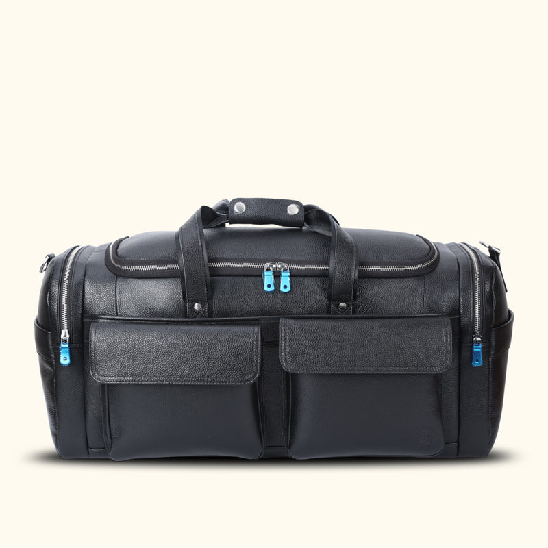 Chic black leather duffle bag, exuding elegance and versatility, crafted with premium materials and offering ample room for all your essentials, whether for travel or daily activities.
