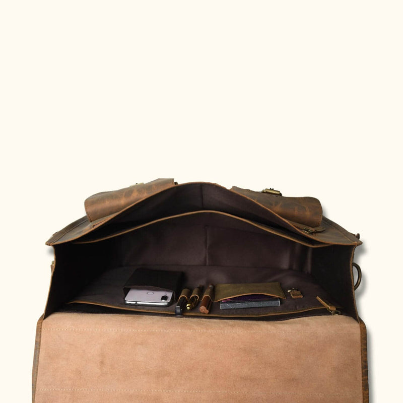 Stylish brief-cases: Organize in style. Interior features: pen loops, phone pouch, notebook pocket, key chain holder.
