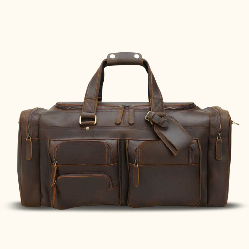 Discover timeless elegance with a brown leather duffle bag, the epitome of style and functionality for your journeys.