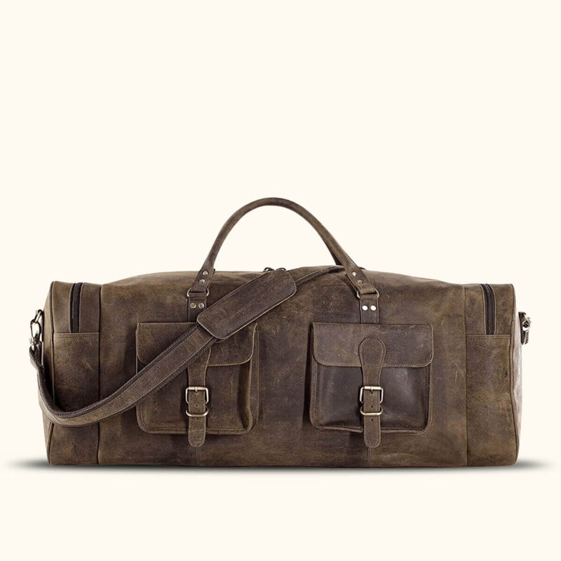 Rugged buffalo leather duffle bag, a durable and distinctive choice for your travel and adventure needs.