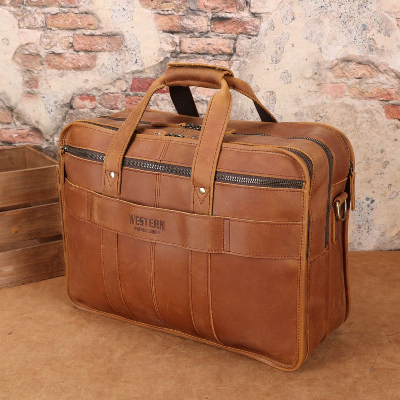 Camel Brown Leather Briefcase - Your Trusty Companion on the Western Frontier