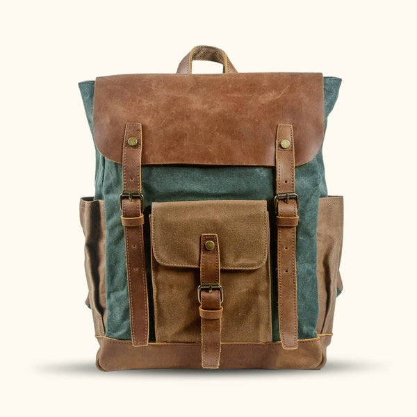 canvas backpack with leather accents The Timber Trek Retro Vintage Waxed Canvas Laptop Backpack Green Army