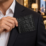 The Compact Crocodile Wallet in black shown in a tailored jacket pocket, highlighting its compact size and luxury crocodile leather finish