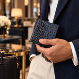 The Compact Crocodile Wallet in Deep Navy held in hand with a tailored navy blazer in a refined luxury lounge setting