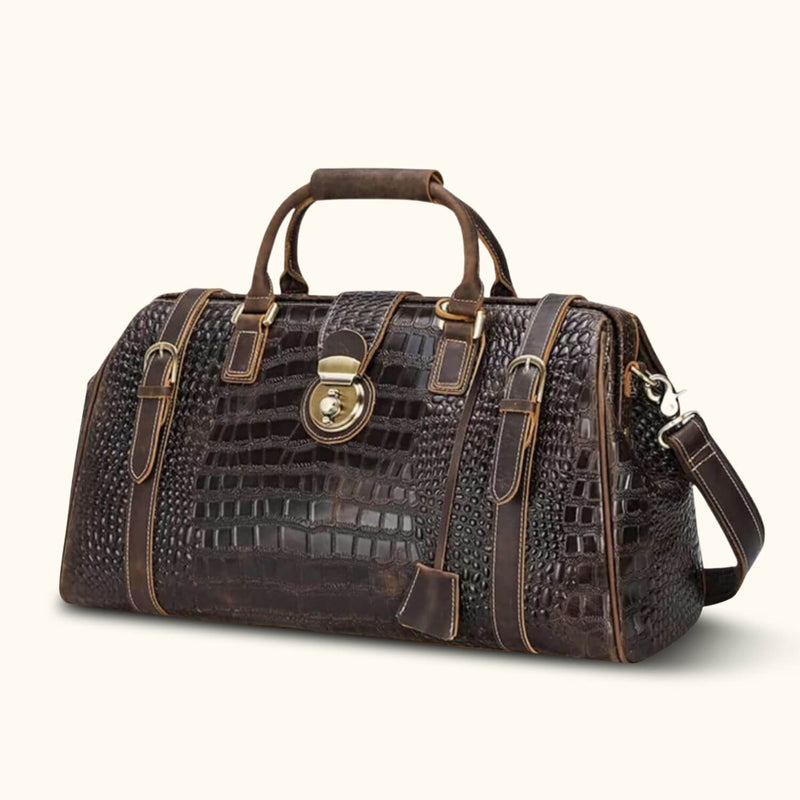 Discover opulent sophistication with a crocodile-embossed leather duffle bag, a fusion of style and luxury for your travels.