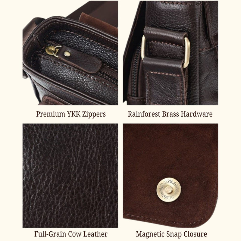Close-up details of The Dustwalker full-grain cow leather crossbody iPad bag featuring premium YKK zippers, reinforced brass hardware, and secure magnetic snap closure.