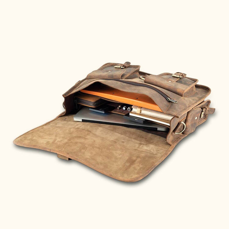 Open Leather Briefcase Bag: 'The Saloon Street' - Equipped for success with laptop and essentials.