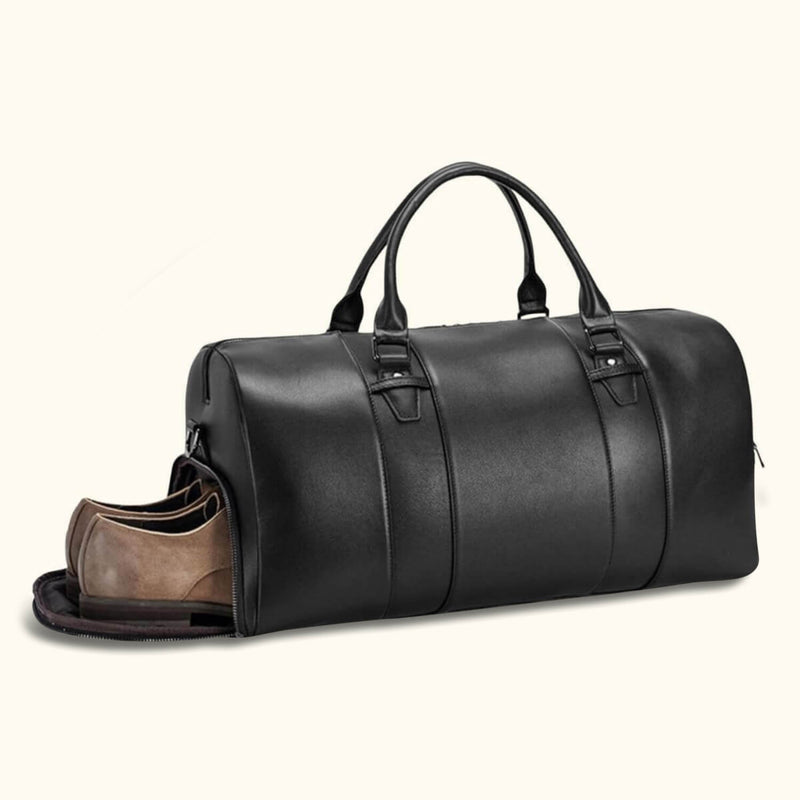 Premium leather duffle bag with integrated shoe compartment, uniting style and practicality for your travels.