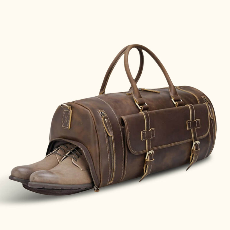 Chic leather shoe duffle bag, thoughtfully designed to carry your essentials with a touch of sophistication.