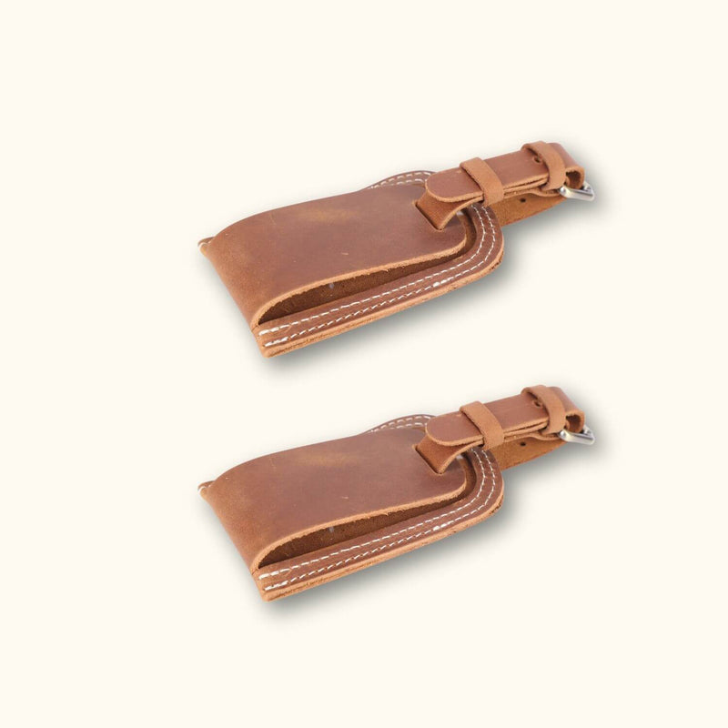 A variety of leather tags, each displaying unique textures and colors, perfect for adding a touch of style and functionality to your belongings.
