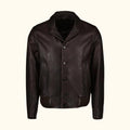 Front view of a brown leather jacket.