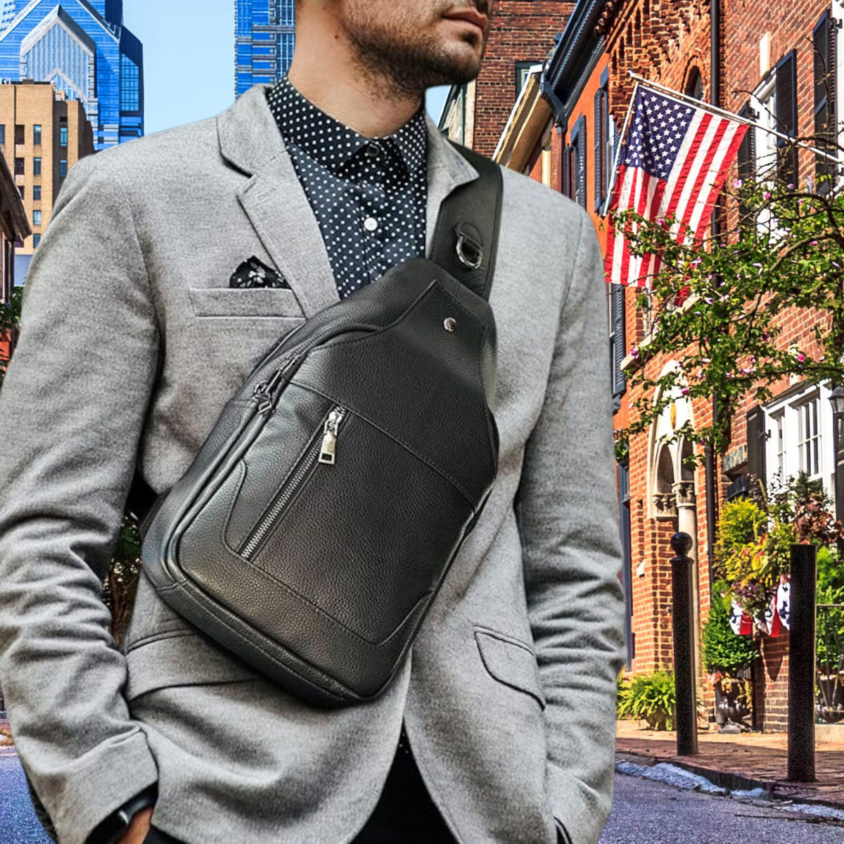 best leather sling backpack Qoka Bag Navy by Capra 2 zip pockets Rugged Elegance: Western Leather Sling