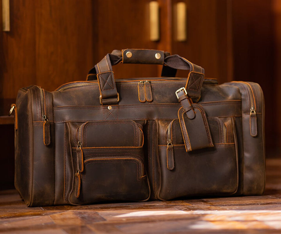 Experience sophistication and practicality with a men's Leather Travel Duffle, designed to elevate your journeys with style.
