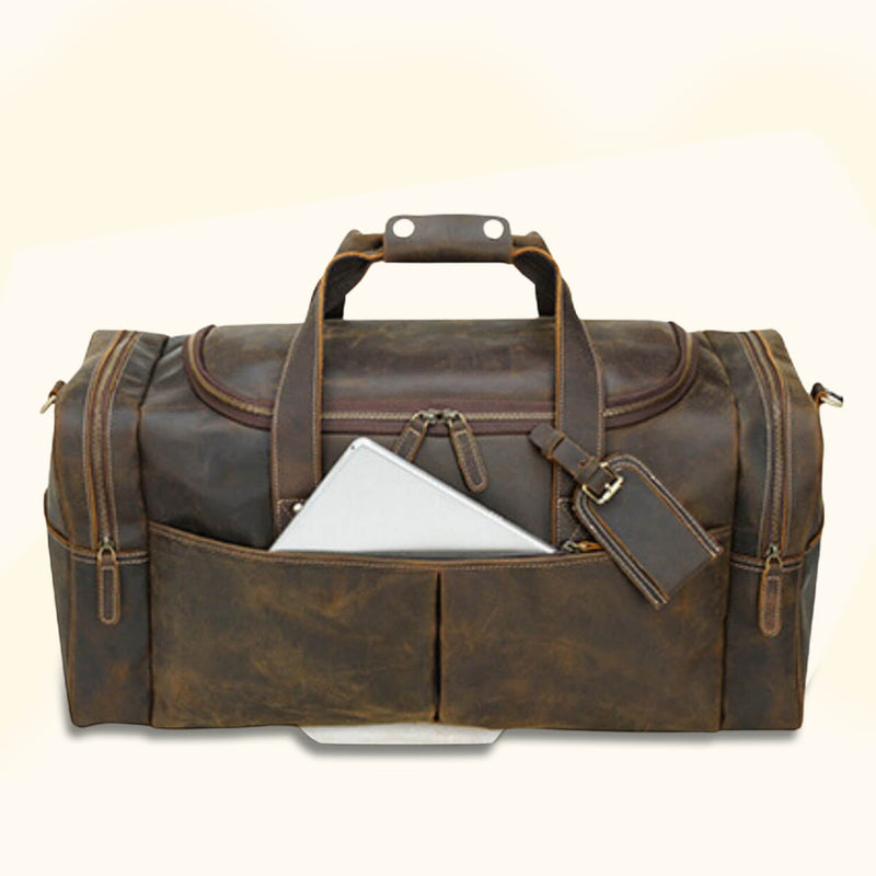 Vintage men's leather duffle bag, timeless and stylish.