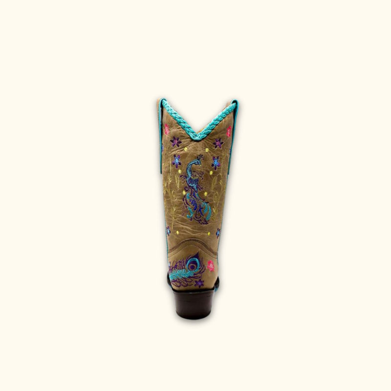 Back view of Peacock Elegance Women's Western Boots highlighting the detailed peacock embroidery and heel design.