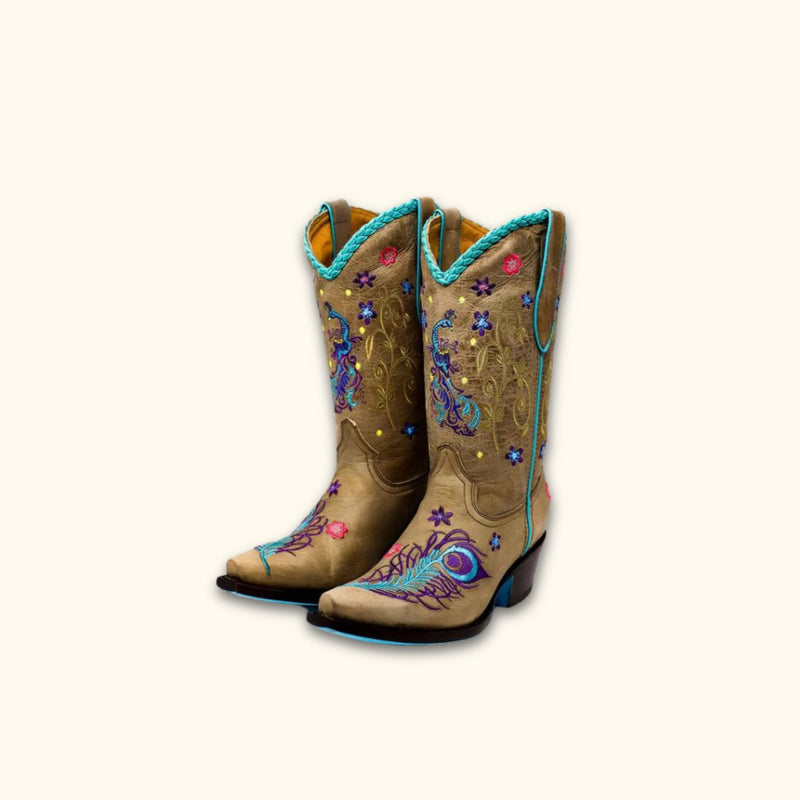 Pair of Peacock Elegance Women's Western Boots with peacock feather embroidery and snip toe design.