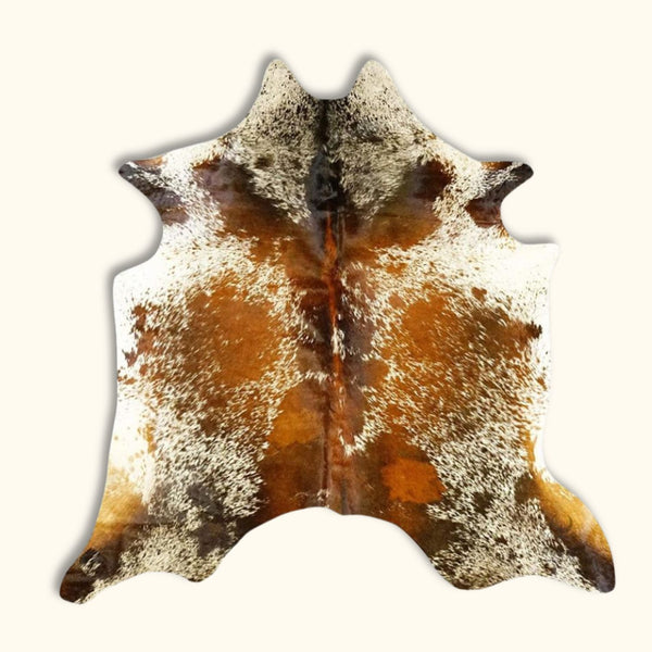 Salt and pepper tricolor cowhide rug, large size for rustic decor.