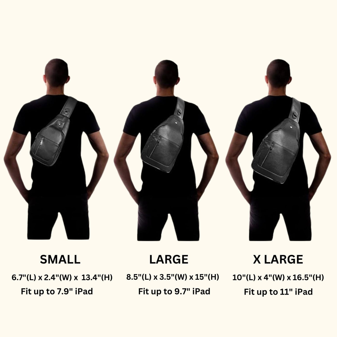 men's travel sling size comparison infographic