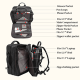 The Stetson Peak - Expandable Men's Leather Backpack in dark brown, detailed view of various compartments labeled for glasses, pens, phone, tablets, laptop, and clothing, showcasing its extensive organizational features.