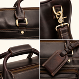 Close up collage of The Lawful Leather Duffle with Wheels showcasing premium leather handles, reinforced stitching, brass hardware, detachable shoulder strap clip, and matching leather luggage tag.