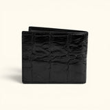 Back view of The Monarch Crocodile Bifold Wallet in Obsidian Black handcrafted from genuine Siamese crocodile leather.