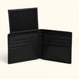 Interior view of The Monarch Crocodile Bifold Wallet in Obsidian Black featuring a flip-up ID window, eight card slots, and premium full-grain calf leather interior.