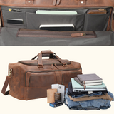 The Homesteader - Western Luxury Leather Duffel Bag, featuring a detailed view of the interior compartments and pockets, along with a packed view showcasing the bag's capacity to hold various items such as books, clothes, and gadgets.