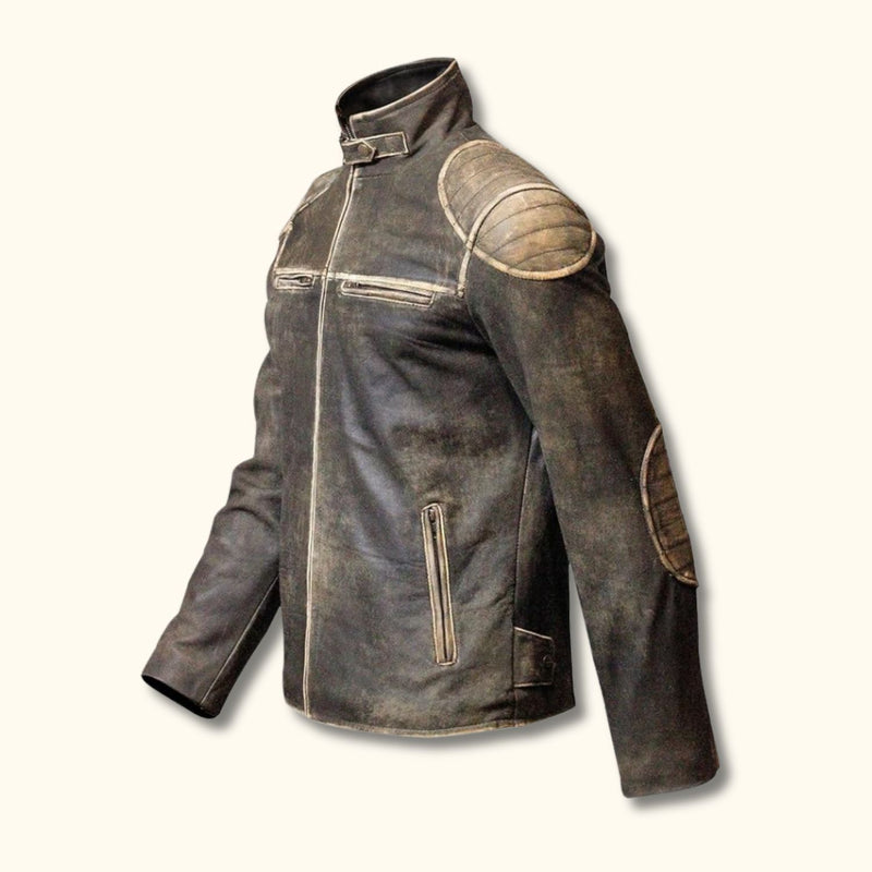 The Outlaw Rider - Distressed Leather Motorcycle Jacket, angled view showcasing its rugged, weathered leather design with reinforced shoulder and elbow patches, zippered chest and waist pockets, and a high collar with a snap button closure.