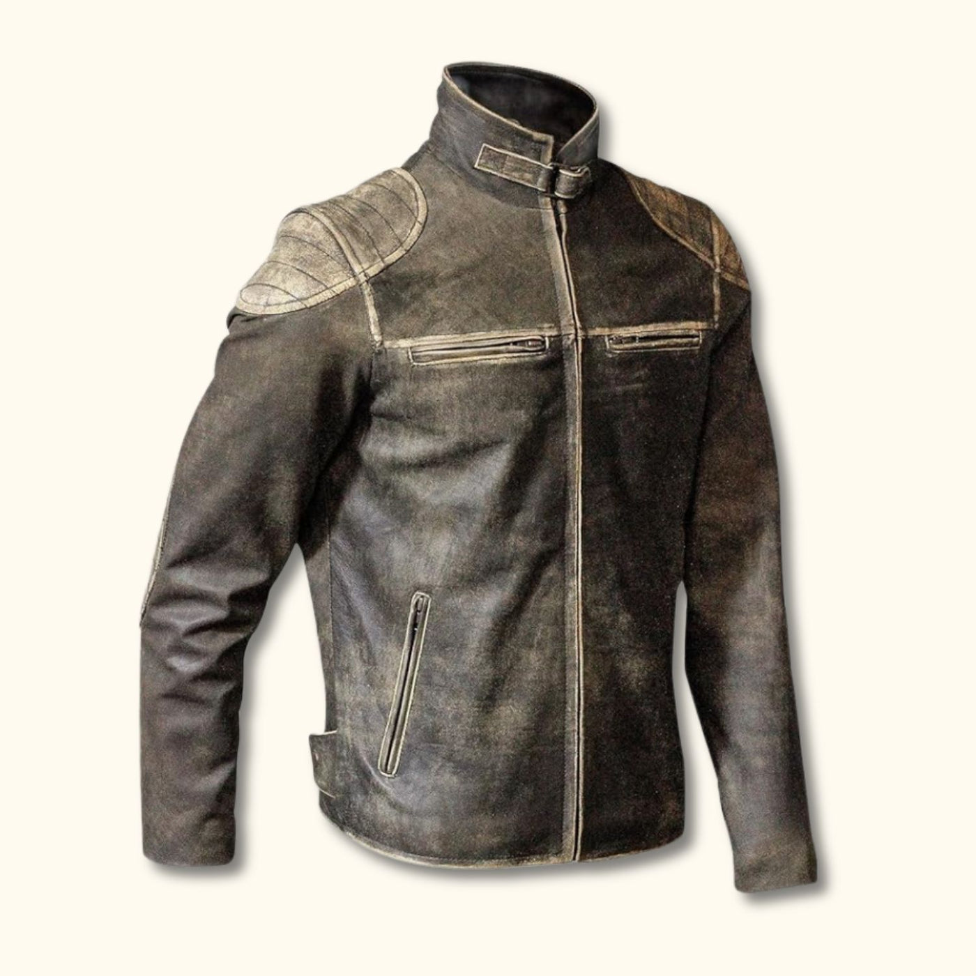 Distressed leather motorcycle jacket top
