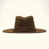 Back view of The Trailsman – a brown suede Western hat with a wide brim and braided leather hatband.