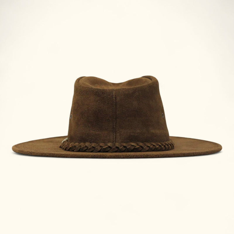 Back view of The Trailsman – a brown suede Western hat with a wide brim and braided leather hatband.