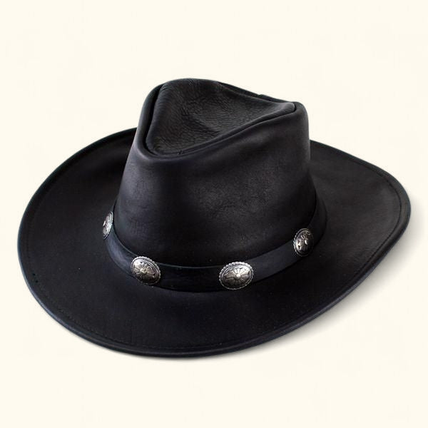 Front angled view of the Walker black full-grain leather hat with silver concho band and classic Western brim