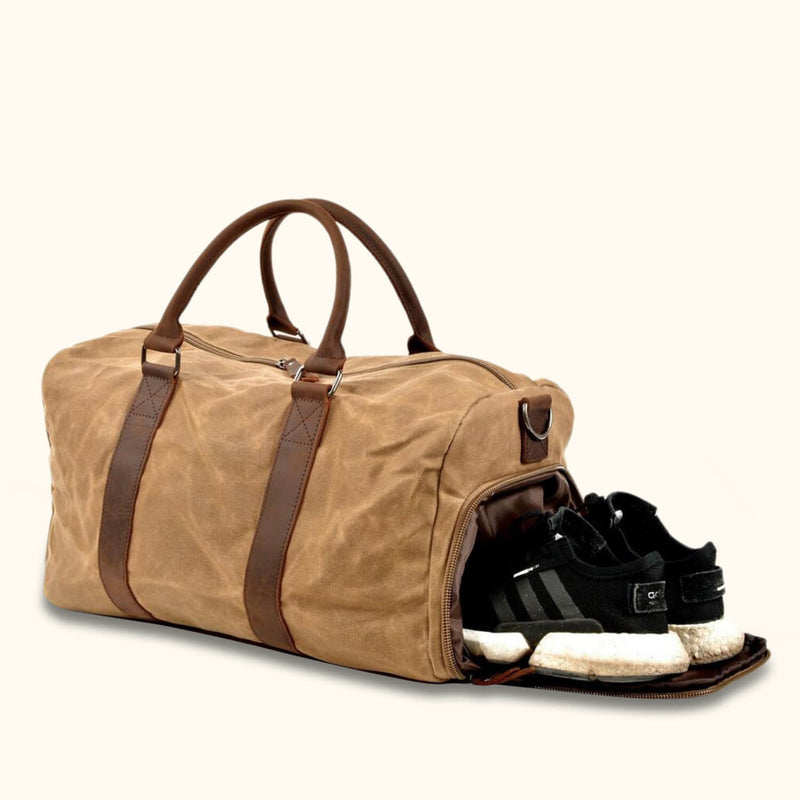 Weekender Duffle Bag with Shoe Compartment: A versatile duffle bag designed for weekend getaways, featuring a convenient shoe compartment for organized travel.