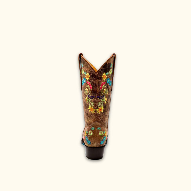 Back view of Wildflower Bliss Leather Cowgirl Boots showcasing intricate floral patterns and classic Western style.
