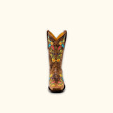Front view of Wildflower Bliss Leather Cowgirl Boots highlighting detailed floral embroidery and narrow square toe design.