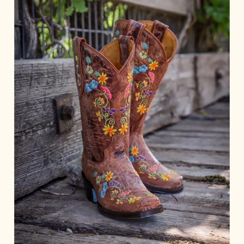 Wildflower Bliss Leather Cowgirl Boots Handcrafted Floral