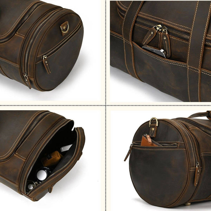 Unveil timeless elegance with a men's leather barrel bag.